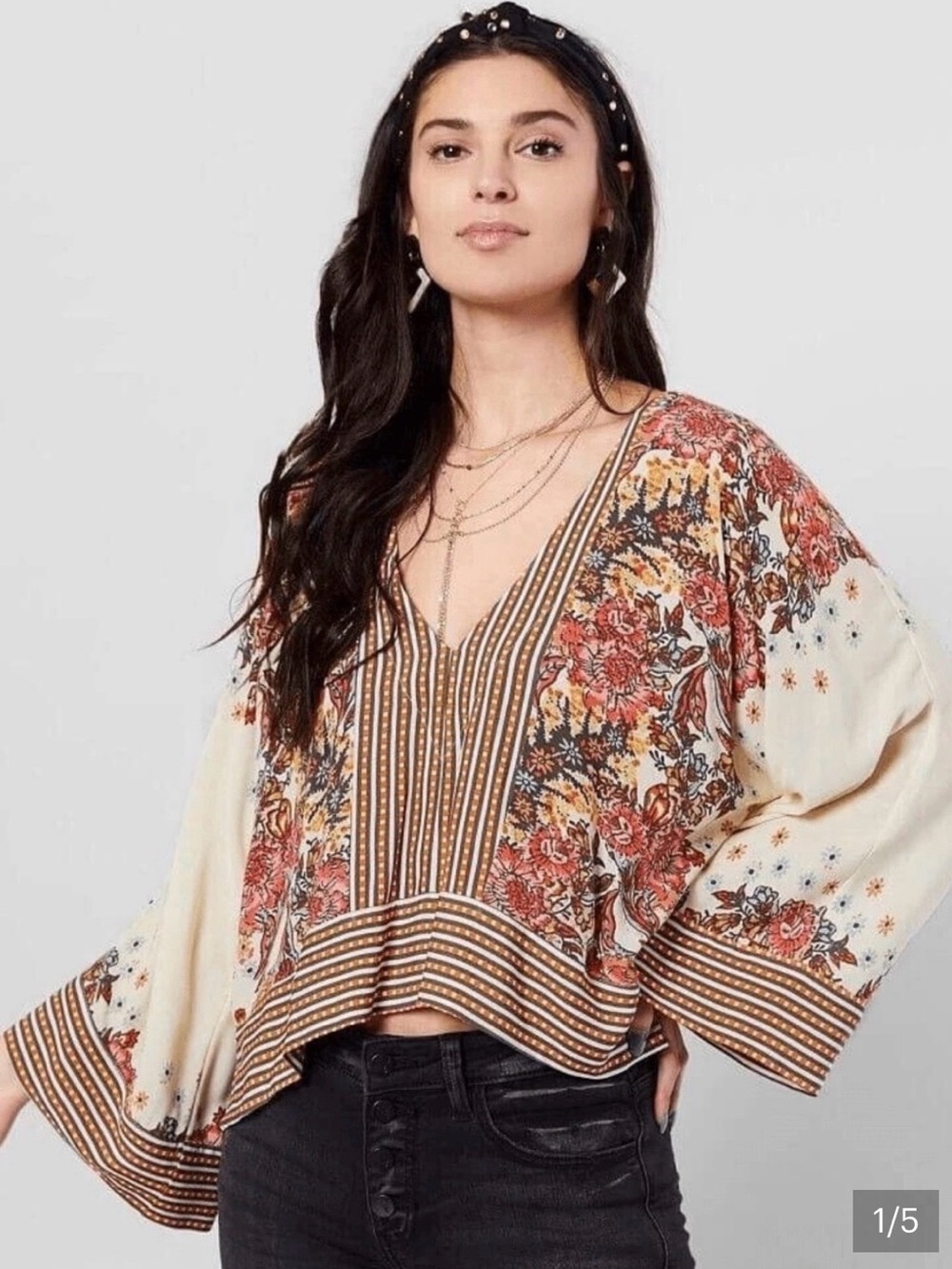 Free People Mix And Match Top Floral V-Neck Boho Blouse in Cream and Rust